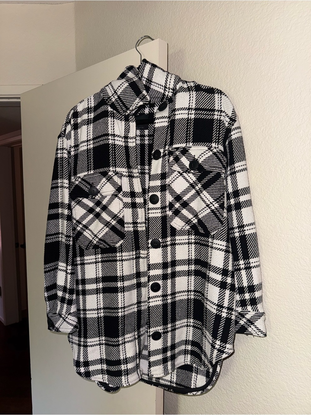 stradivarius Black and White Plaid Coat
